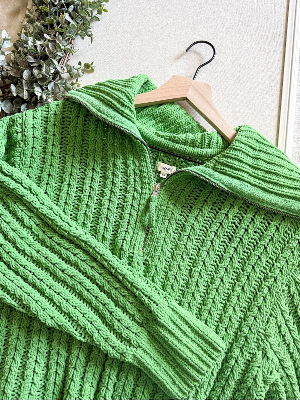 Aerie Green Chunky Knit Quarter Zip Sweater Cable Knit Size M